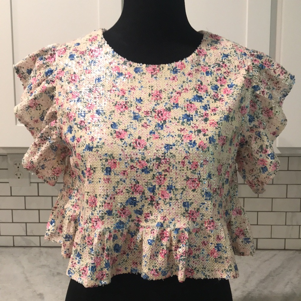 Zara Sequin Cropped Top Womens Small Cottagecore Barbiecore Ruffled Floral Boho